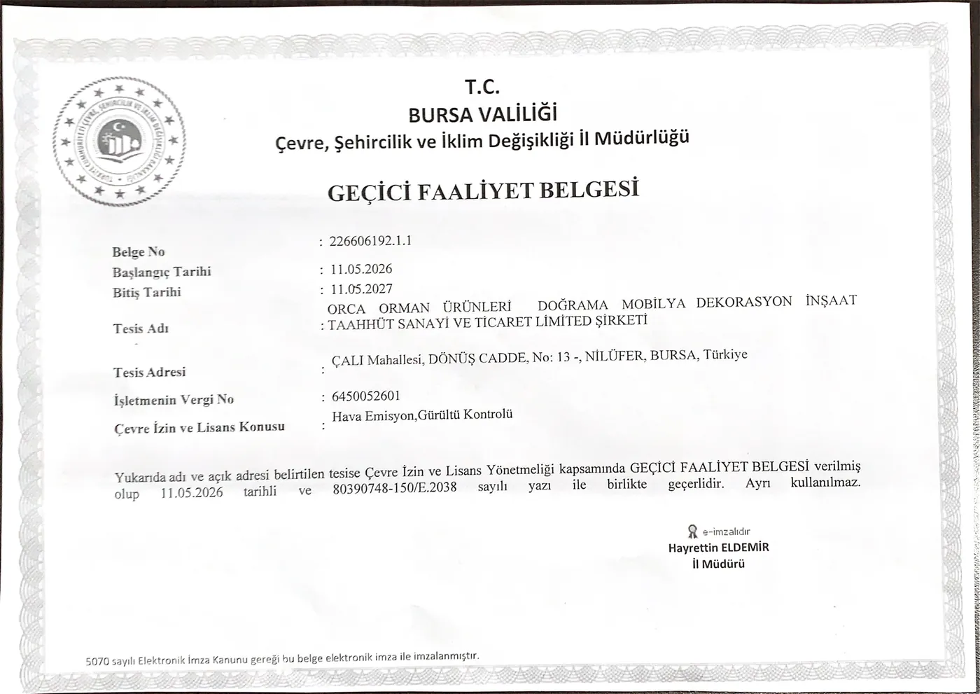Geçici Faaliyet Belgesi (Çevre İzni) önizleme