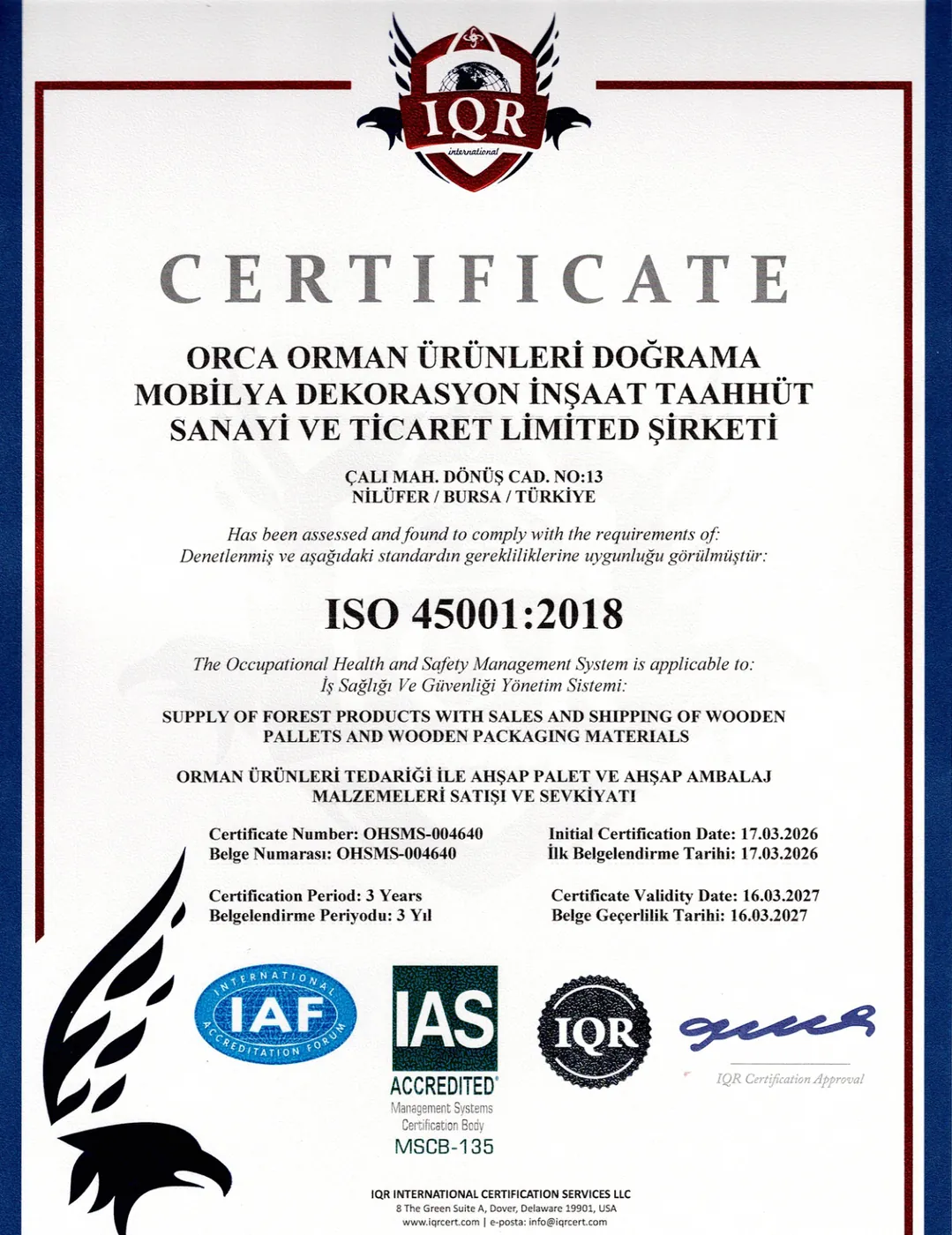 ISO 45001:2018 İş Sağlığı ve Güvenliği Yönetim Sistemi Belgesi önizleme