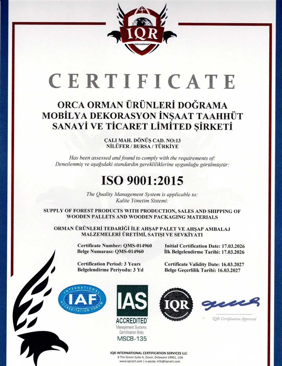 ISO 9001:2015 Kalite Yönetim Sistemi Belgesi önizleme
