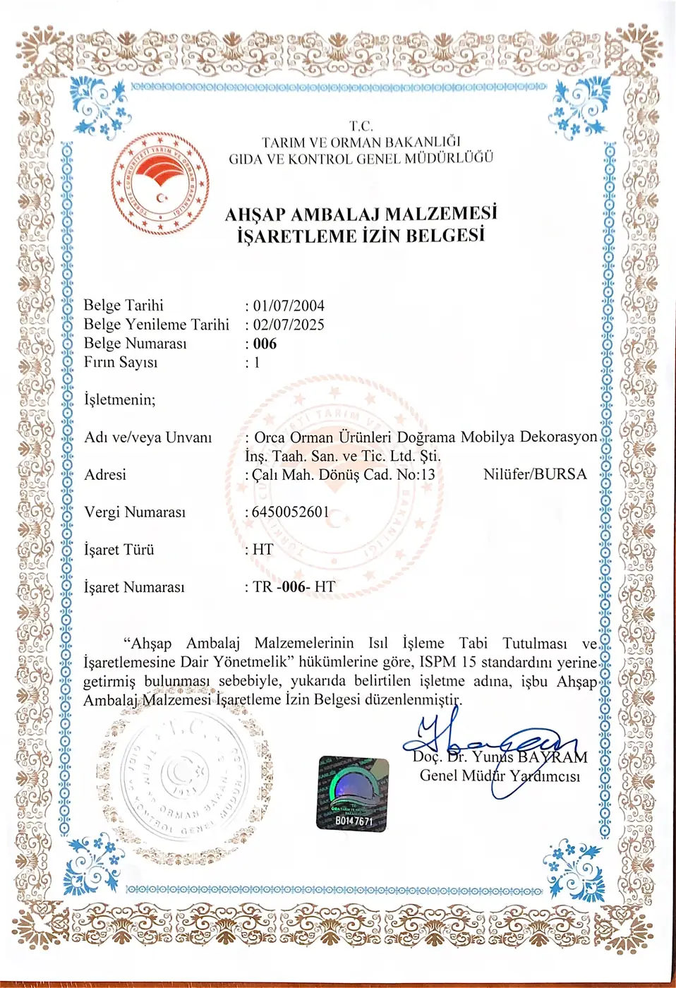 ISPM-15 / IPPC Ahşap Ambalaj İşaretleme İzin Belgesi önizleme